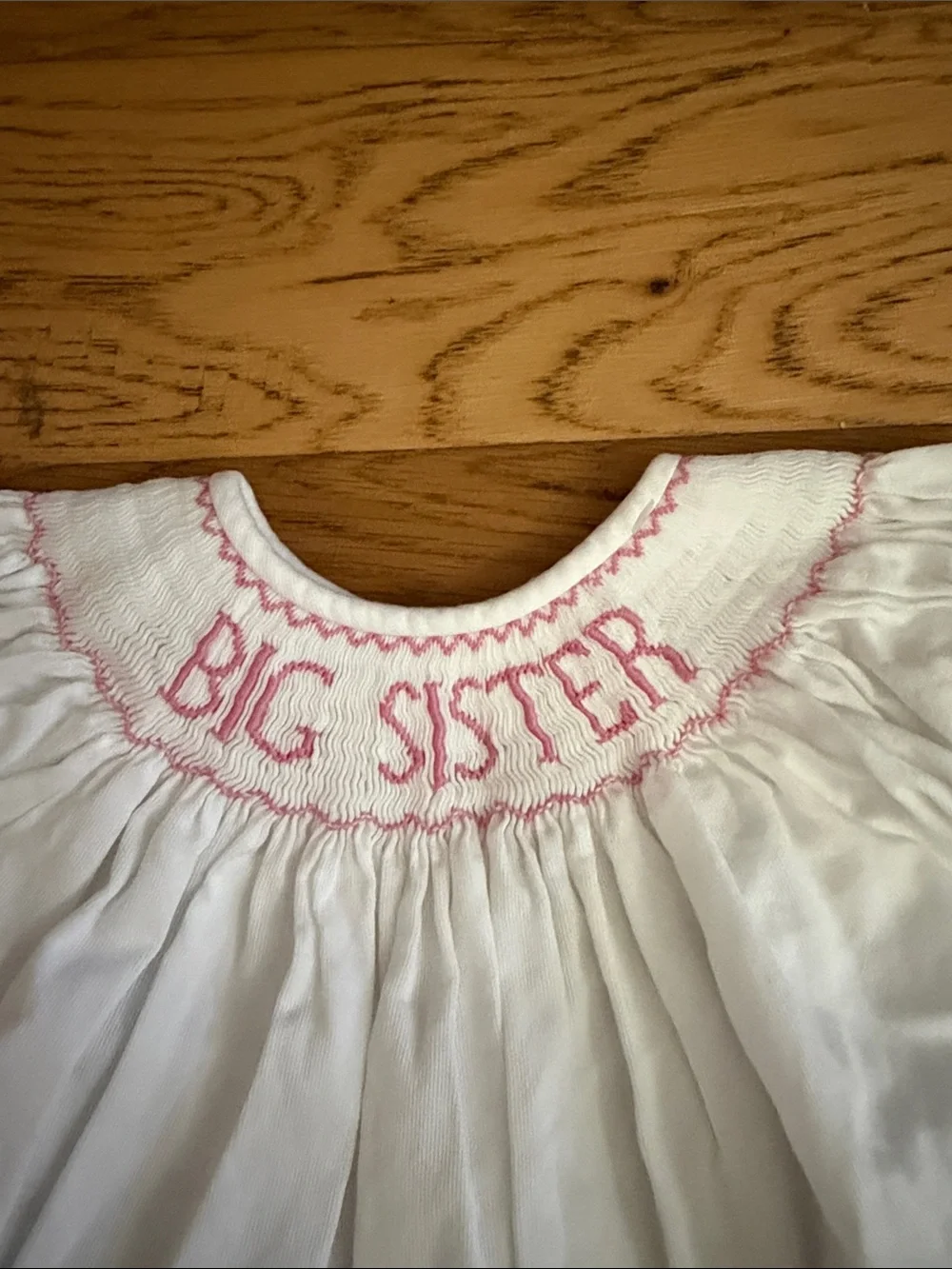 18M -Southern Sunshine “BIG SISTER” Smocked Little Girl Dress & Pink Trim VTG90s